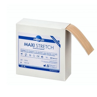 Envase clínico Maxi stretch, asomando un trozo de venda en rollo de color beige