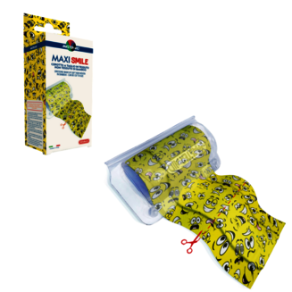 Boîte et illustration du produit Maxi Smile : pansement déroulant à découper, avec motif émoji jaune