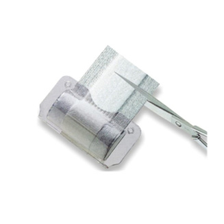 Product image: Maxi Med continuous dressing in dispenser, demonstrating being cut to size with scissors