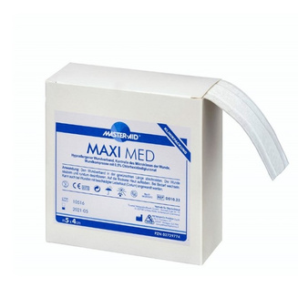 Envase de venda en rollo Maxi Med, sobresaliendo un trozo de apósito