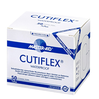 Waterproof Cutiflex plasters in clinical packaging, 50 per pack